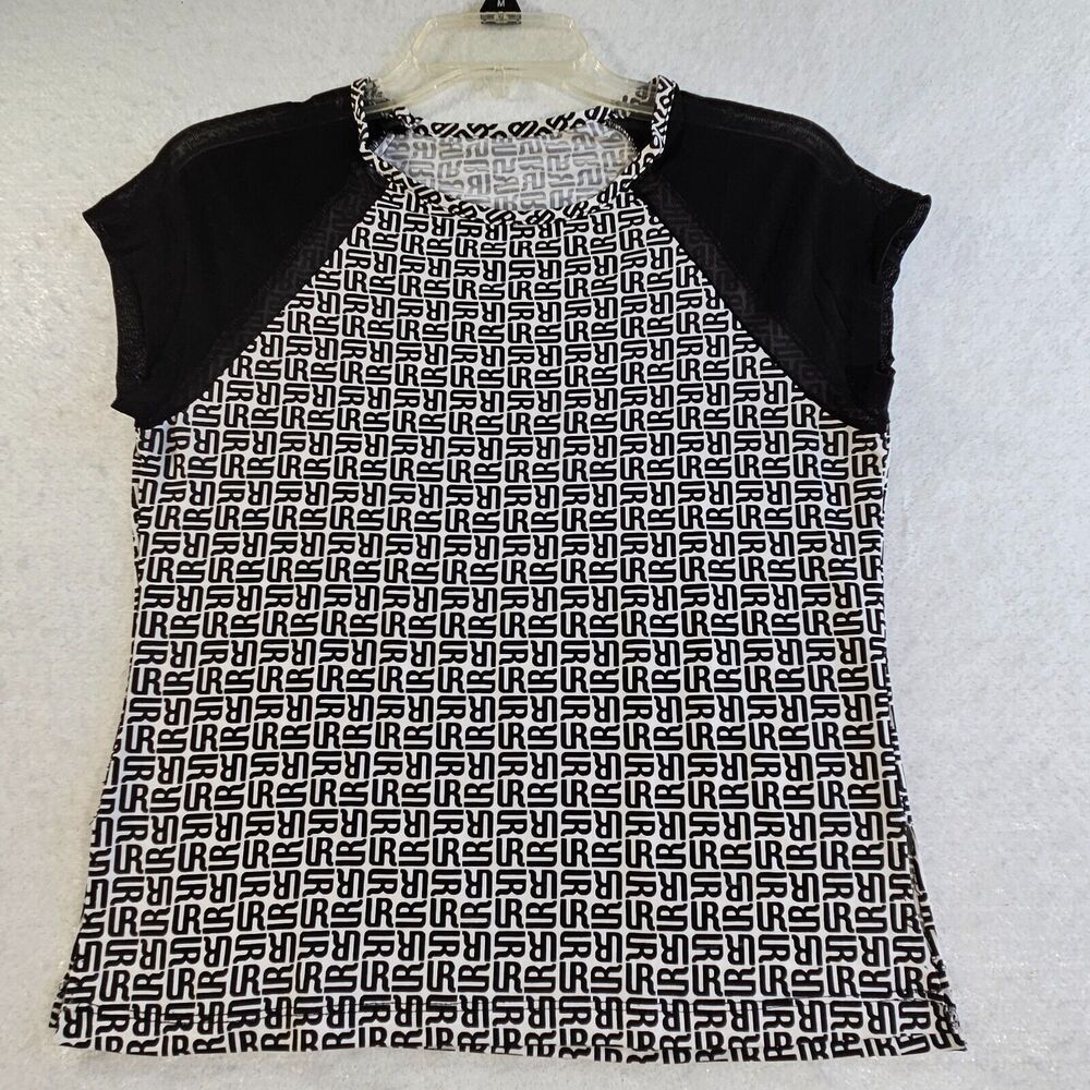 Womens Monogram Print Top Womens Size S Black White Sheer Cap Sleeve Casual Art